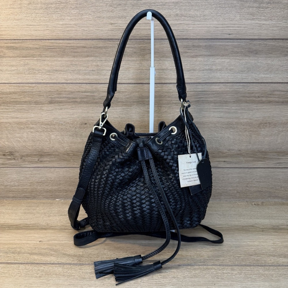 Woven Leather Drawstring Bucket Bag Black Slouchy Shoulder Crossbody India